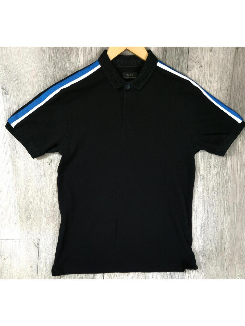 Zara Men's Short Sleeve Polo Shirt Size M Black Blue Retro Stripes #12